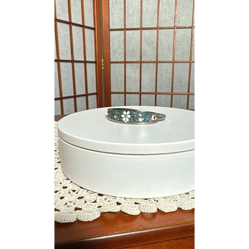 Taxco Bangle Bracelet Women OS Silver Good Vintage 925 Inlay Flower Mexico - Picture 10 of 10